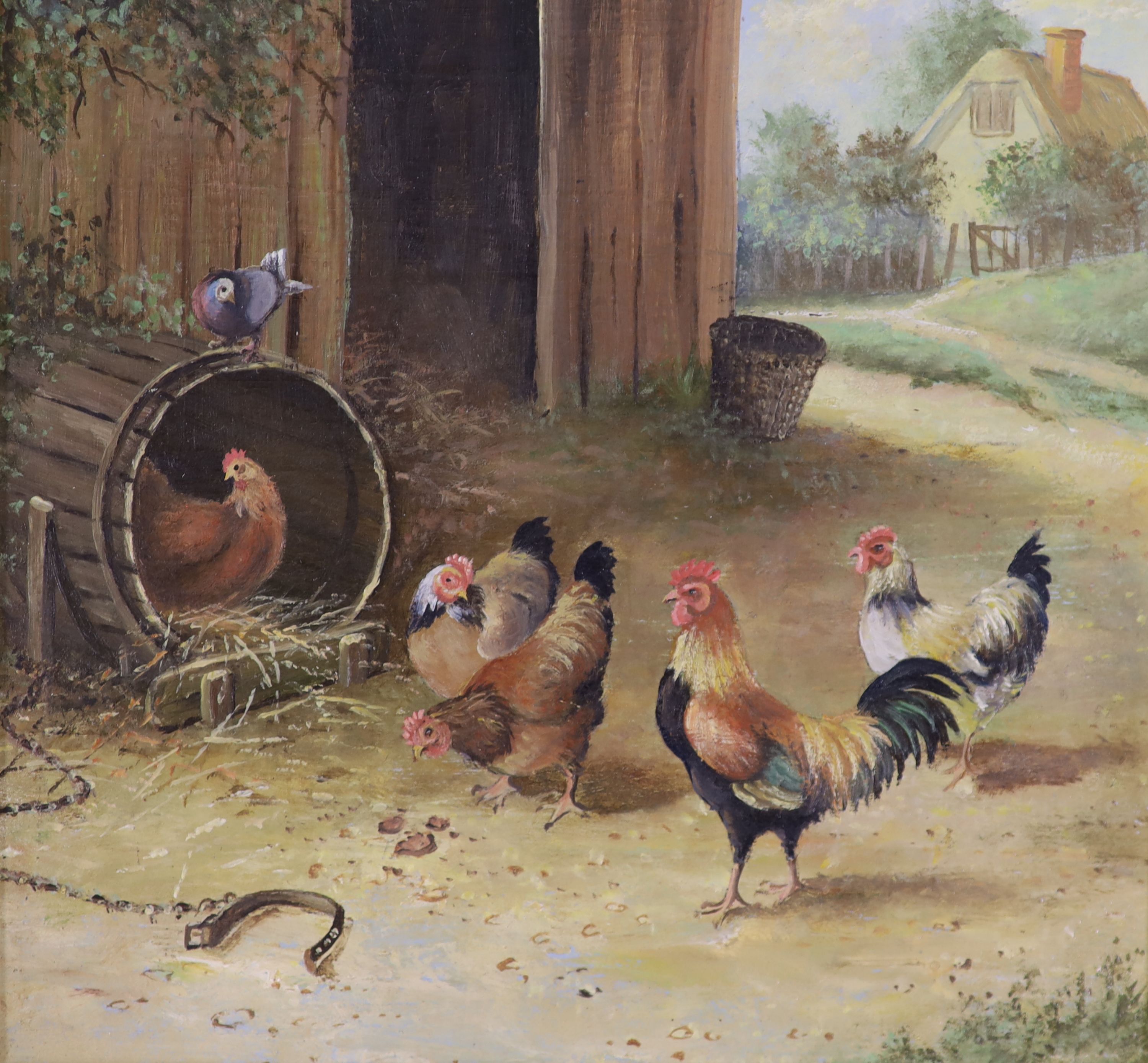 D.E., two oils on panel, Chickens in farmyards, 13 x 14cm and 13 x 19cm